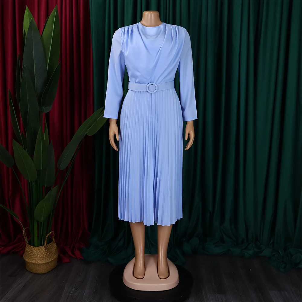 Elegantní Kancelářské Dámy Šaty pro Ženy Kulatý Výstřih Plný Rukáv Pás Pasem Skládaný Střední Tele Formální Práce Obchodní Šaty Oblečení1