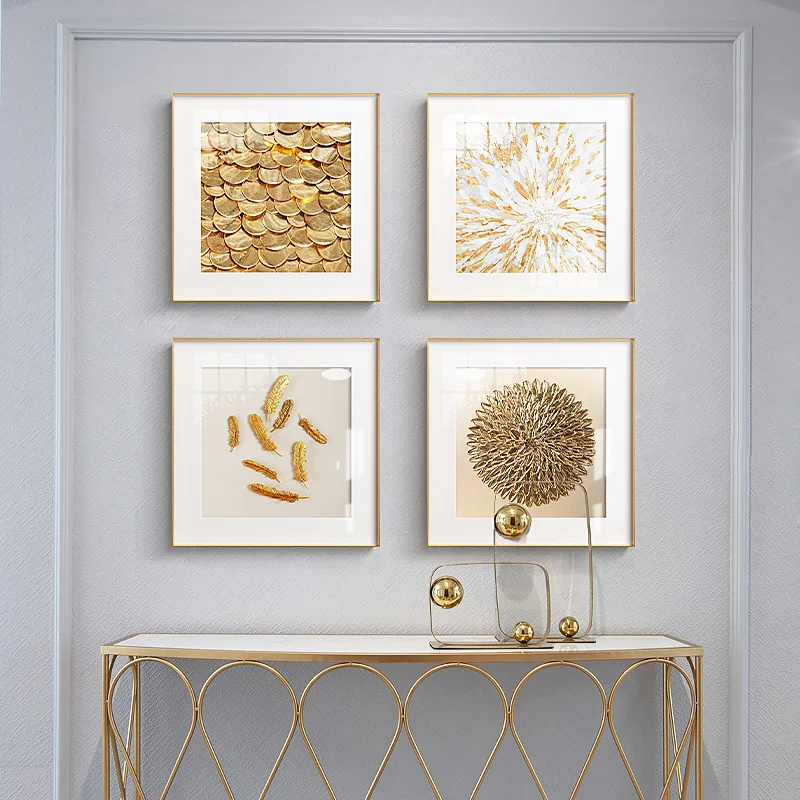 Moderní Minimalistický Light Luxury Art Zlaté Fólie Pírko Zlaté Mince Náměstí, Plakát Na Zeď Design Pozadí Zeď, Dekorace Závěsné4