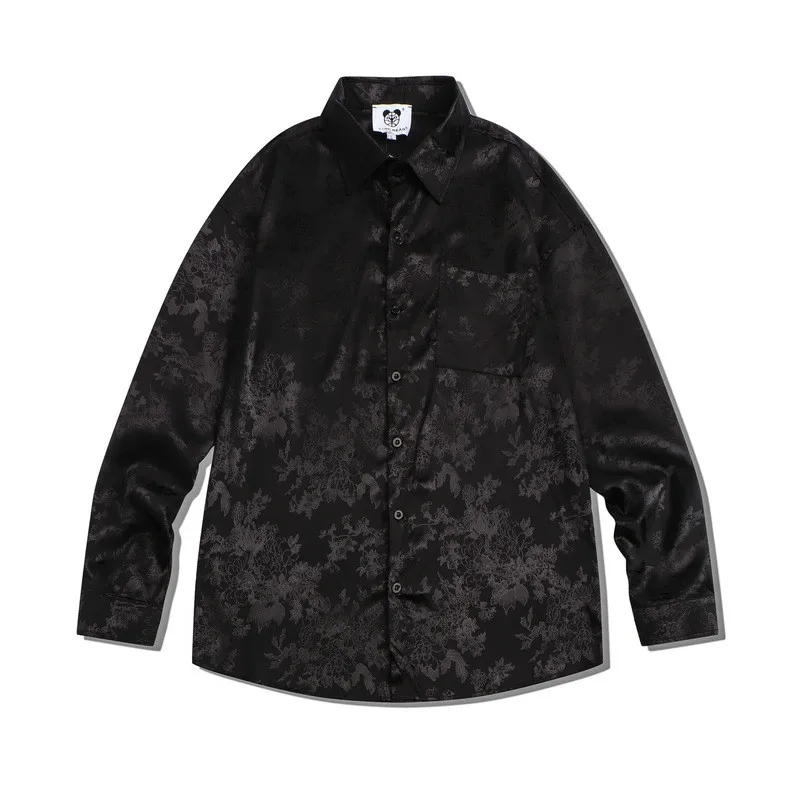 Podzim Muž Vintage Jacquard Výšivky Sociální Černá Košile Luxusní Pánské nadměrné Tričko Dlouhý Rukáv Módní Ležérní Košile Homme0