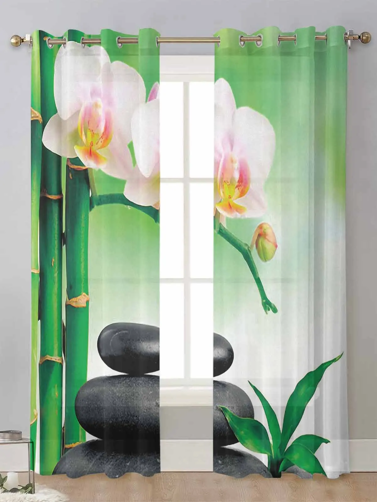 Zen Kameny, Orchideje, Květina, Zelený Bambus Čiré Závěsy Pro Obývací Pokoj Okenní Voile Tylu Opony Cortinas Závěsy Domova0