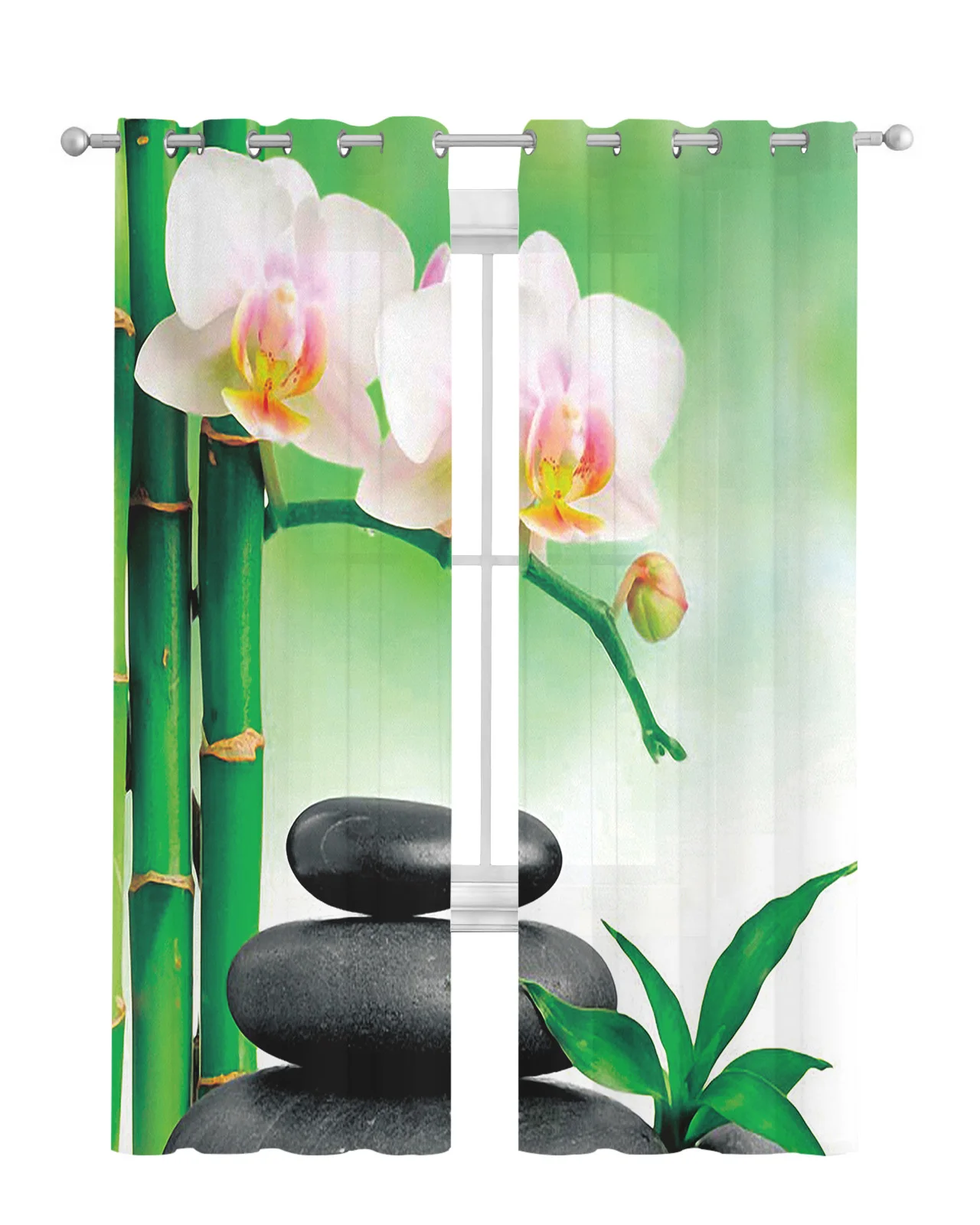 Zen Kameny, Orchideje, Květina, Zelený Bambus Čiré Závěsy Pro Obývací Pokoj Okenní Voile Tylu Opony Cortinas Závěsy Domova2