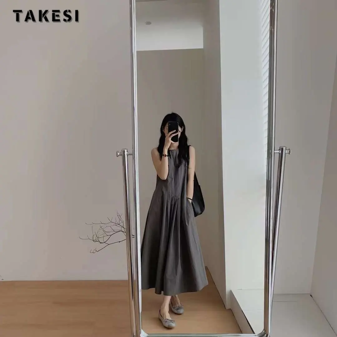 Ženy Ležérní Bez Rukávů Kolem Krku Plná Barva Šaty 2023 Letní Japan Style Loose Fit Vysokým Pasem Košilka Elegantní Šaty1