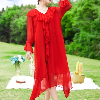 Šaty pro Ženy 2023 100% Moruše Hedvábí Červené Šaty High-end Tenký Temperament Dlouhé Šaty Jaro Léto Ženy Šaty Robe Femme