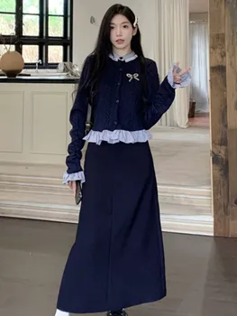 Korea Nové Ženy, Pletené Obleky Elegantní Patchwork Krátký Top Ženské linie Plná Midi Sukně na Podzim Vintage s Dlouhým Rukávem, 2 Ks Set