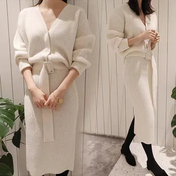 Korejské Ženy, Pletené Obleky Zimní Podzimní Elegantní Office Lady V Krku Vesty Vysoký Pasu Rozdělit Tužka Sukně 2 Kus Sady Q395
