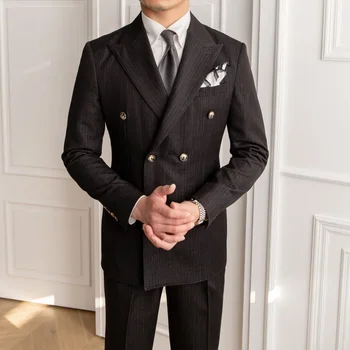 Luxusní Pin Stripe Oblek Pro Muže Dvojí Breasted Formální Ležérní Šaty 2 Ks Elegantní Slim Fit Kostým Homme