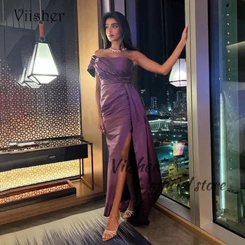 Viisher Purple Jedno Rameno Mořská panna Večerní Šaty s Štěrbinou Záhyby Satin Těsné arabské Dubaji Formální Ples Šaty s Vlakem