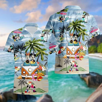 Mickey A Minnie Výlet Havajské Tričko Letní Módní Tlačítko Krátký Rukáv Košile Muži Ženy Topy Disney Havajské Pláži Košile