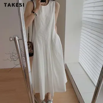 Ženy Ležérní Bez Rukávů Kolem Krku Plná Barva Šaty 2023 Letní Japan Style Loose Fit Vysokým Pasem Košilka Elegantní Šaty