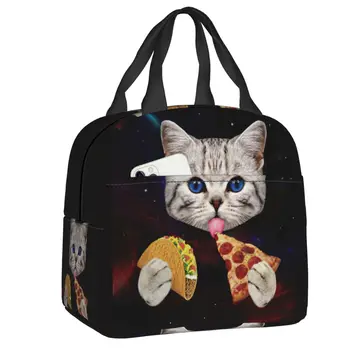 Hvězdná Kočka Jíst Pizzu Izolované Oběd Pytel Galaxy Kotě Opakovaně Použitelné Tepelné Chladič Oběd Box Camping, Piknik Potravin Nádoby Tašky