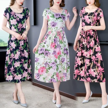 Květinové Tisk Letní Šaty Ženy Nový Elegantní Party Šaty Ženy Krátký Rukáv Midi Vintage Šaty Dámské Oblečení Vestidos B60