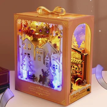 DIY Book Nook 3D Dřevěné Puzzle Miniaturní Panenka Dům Kit S Teplou Světla Kreativní DIY Regál Booknook Hračka Vánoční Dárek Domů Decor