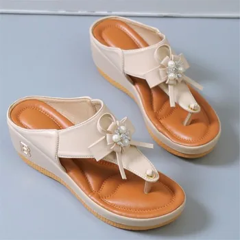 Dámské boty letní nové beach okrajový klip toe květ tlusté sole wedge sandály velká velikost sandály C1097