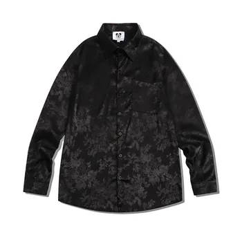 Podzim Muž Vintage Jacquard Výšivky Sociální Černá Košile Luxusní Pánské nadměrné Tričko Dlouhý Rukáv Módní Ležérní Košile Homme
